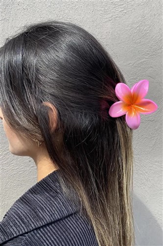 Pembe ve Turuncu Renk Lotus Çiçek Parlak Akrilik Kadın Mandal Toka