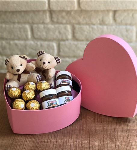 Pembe Orta Boy Kalp Kutuda Ayıcık Nutella ve Çikolata