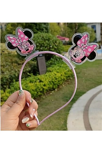 Pembe Şeffaf Minnie Mouse Figürlü Içi Yıldız Dolgulu Çocuk Taç