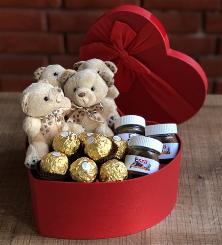 Sevgiliye Özel Büyük Boy Kalp Kutuda Ayıcık Çikolata ve Nutella